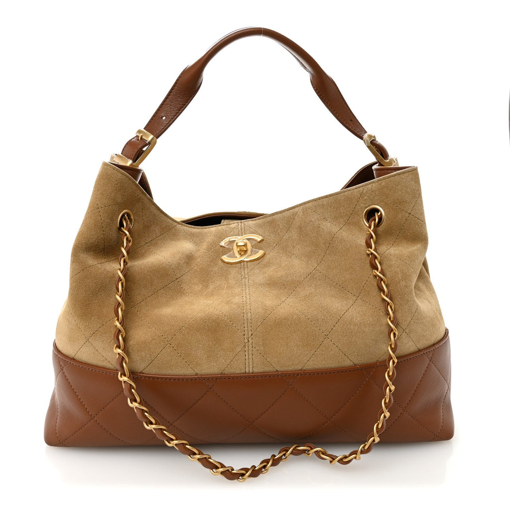 Suede Calfskin Shiny Lambskin Quilted Small Coco Base Shopping Bag Beige Brown