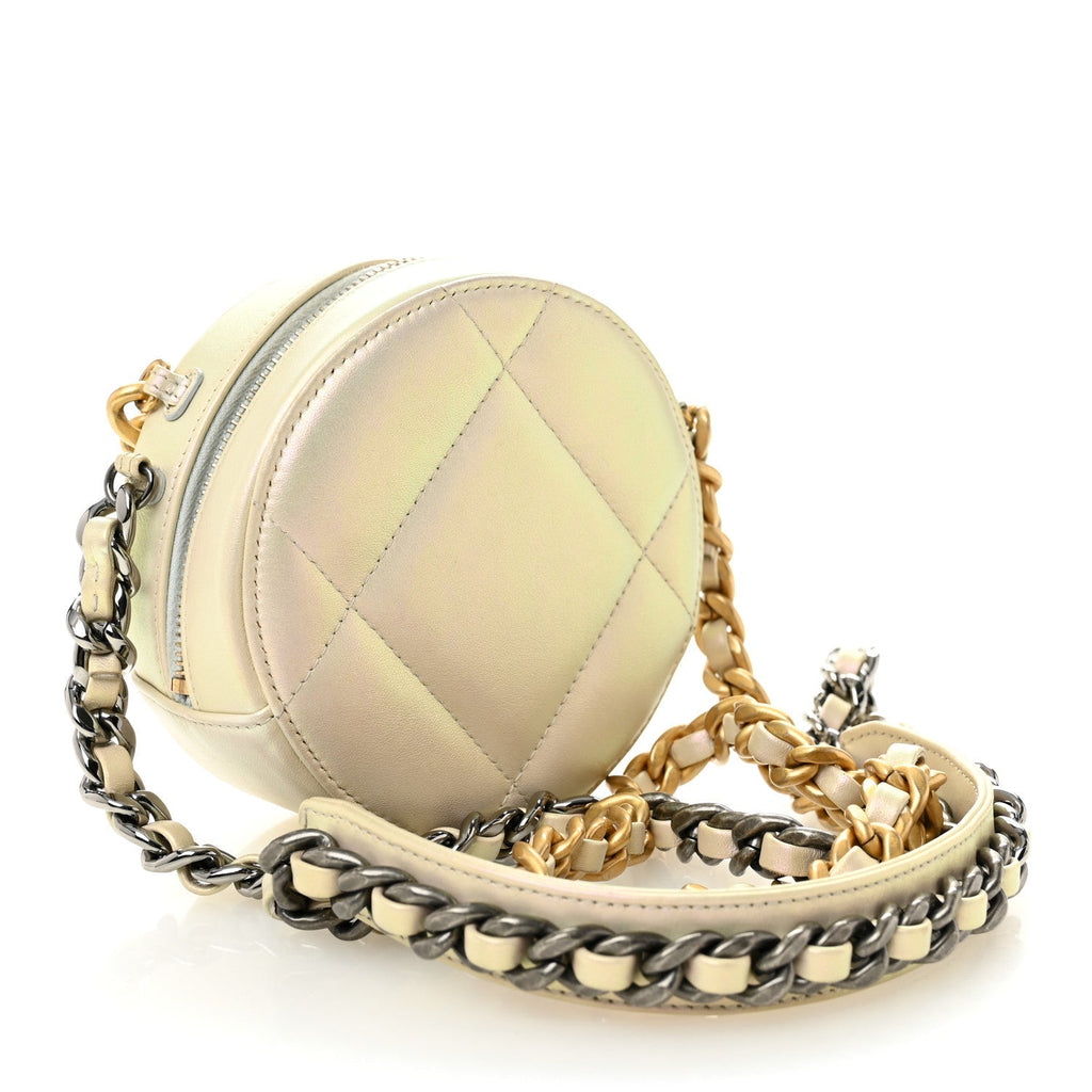 Iridescent Calfskin Quilted Chanel 19 Round Clutch With Chain White