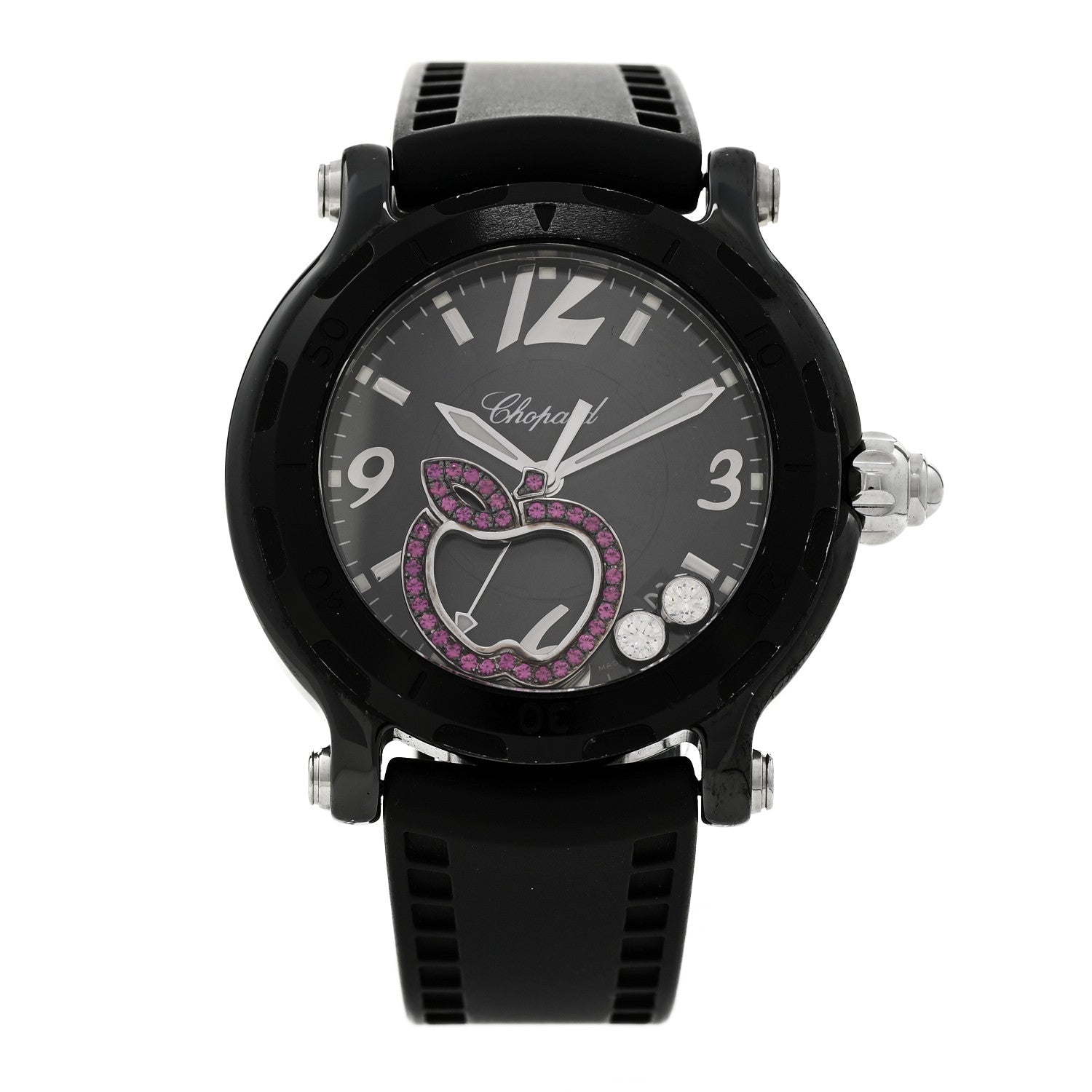 Stainless Steel Rubber Diamond Pink Sapphire 38mm Happy Sport Apple Quartz Watch Black