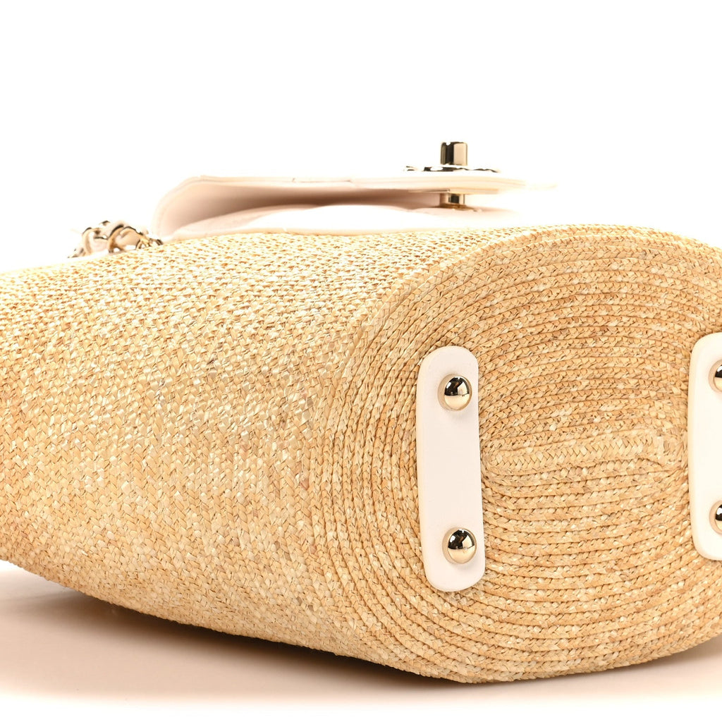 Raffia Braided Lambskin Small Shopping Tote Beige White