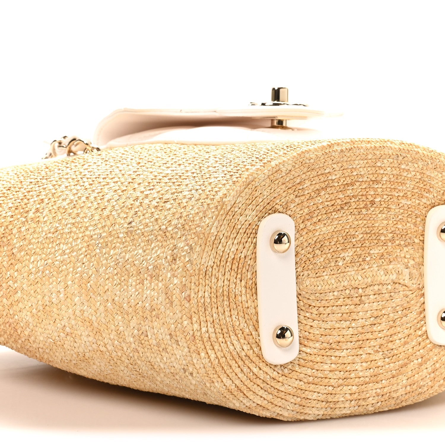 Raffia Braided Lambskin Small Shopping Tote Beige White