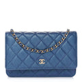 Iridescent Caviar Quilted Wallet on Chain WOC Dark Blue