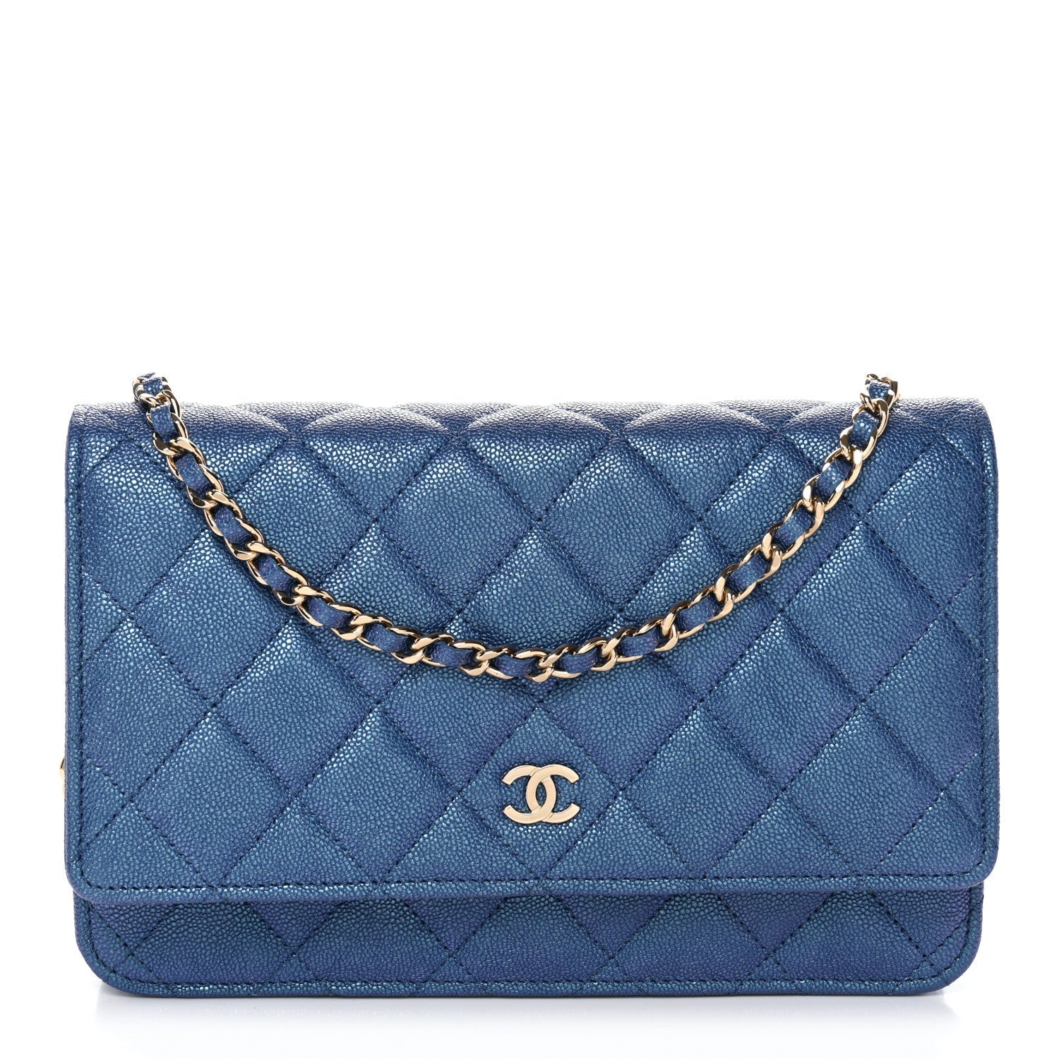 Iridescent Caviar Quilted Wallet on Chain WOC Dark Blue