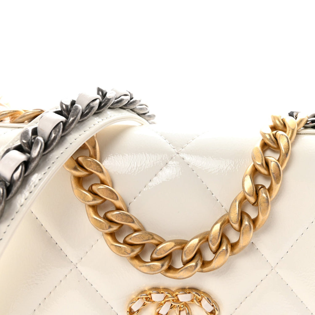 Shiny Crumpled Calfskin Quilted Chanel 19 Wallet On Chain WOC White