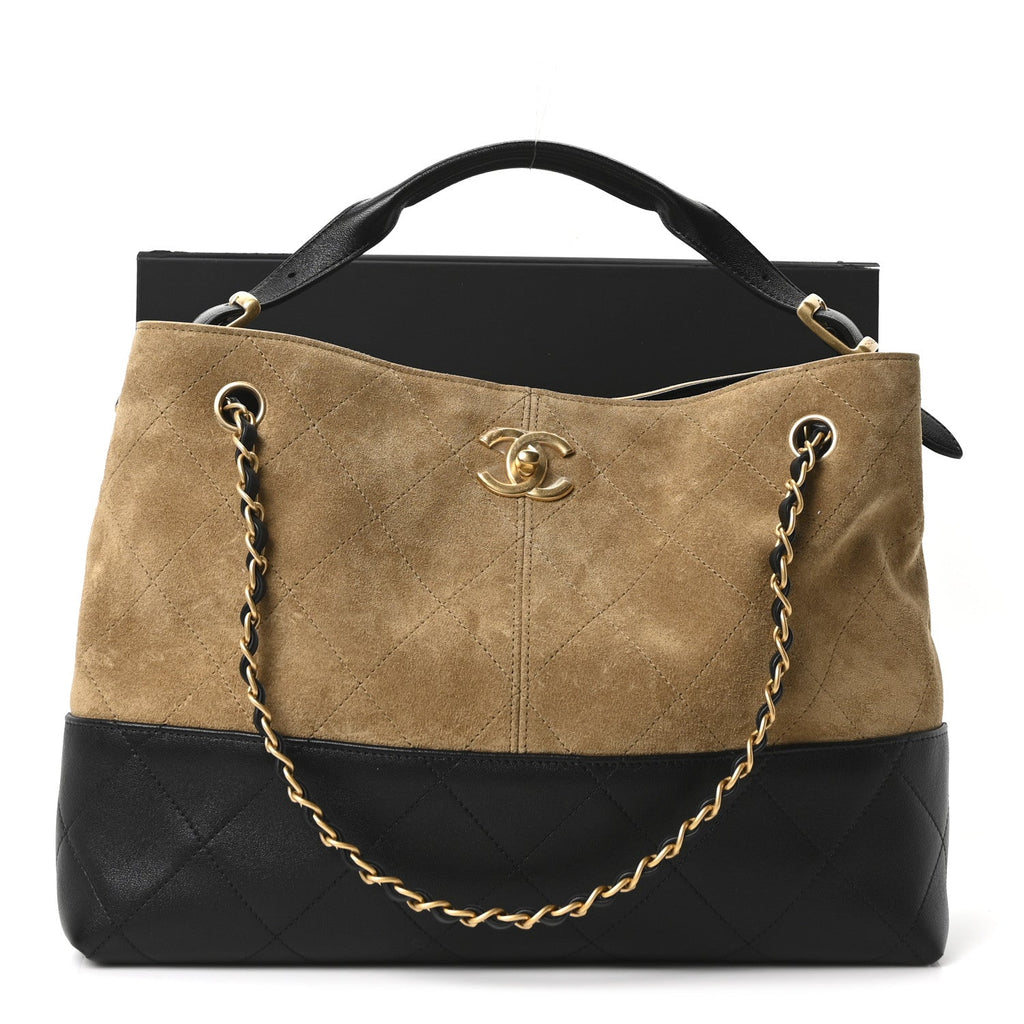 Suede Calfskin Shiny Lambskin Quilted Small Coco Base Shopping Bag Beige Black