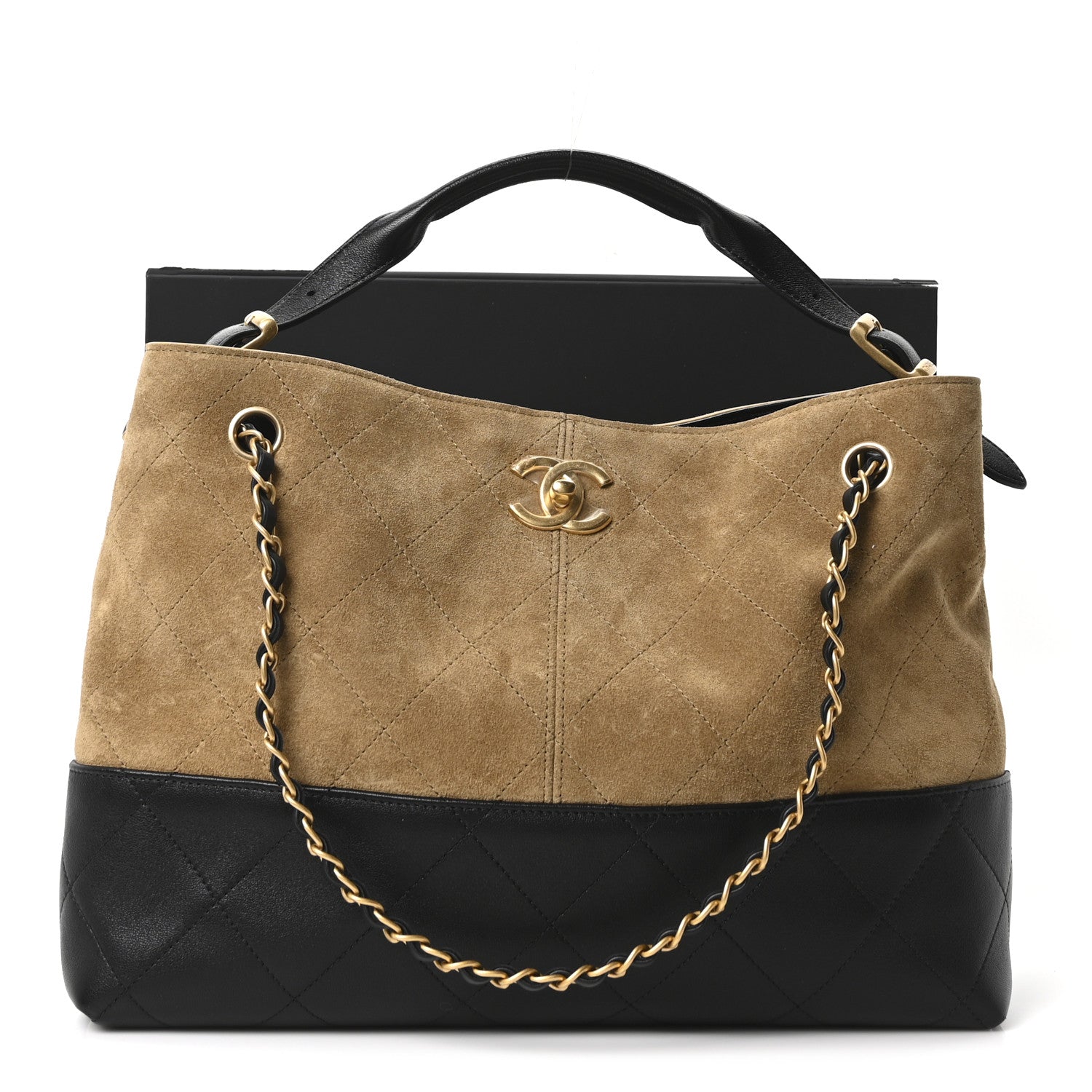 Suede Calfskin Shiny Lambskin Quilted Small Coco Base Shopping Bag Beige Black