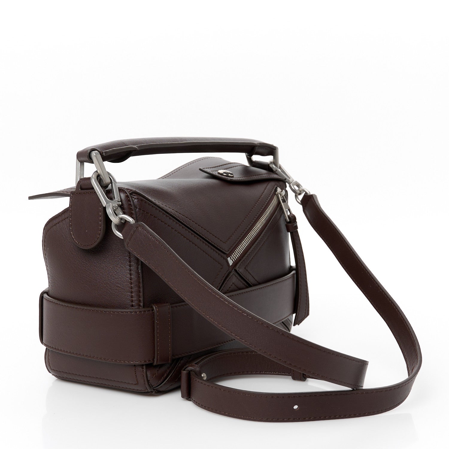 Shiny Calfskin Small Puzzle Biker Bag Dark Brown