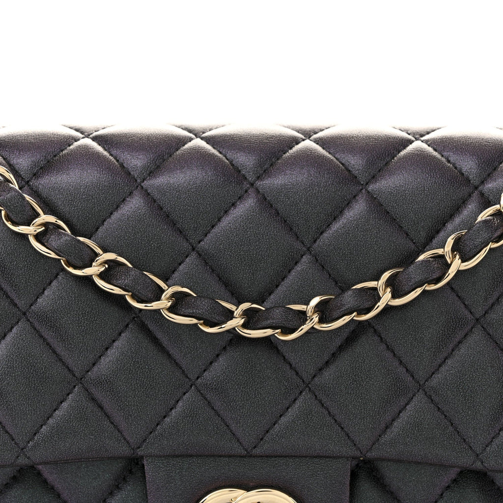 Iridescent Lambskin Quilted Medium Double Flap Black