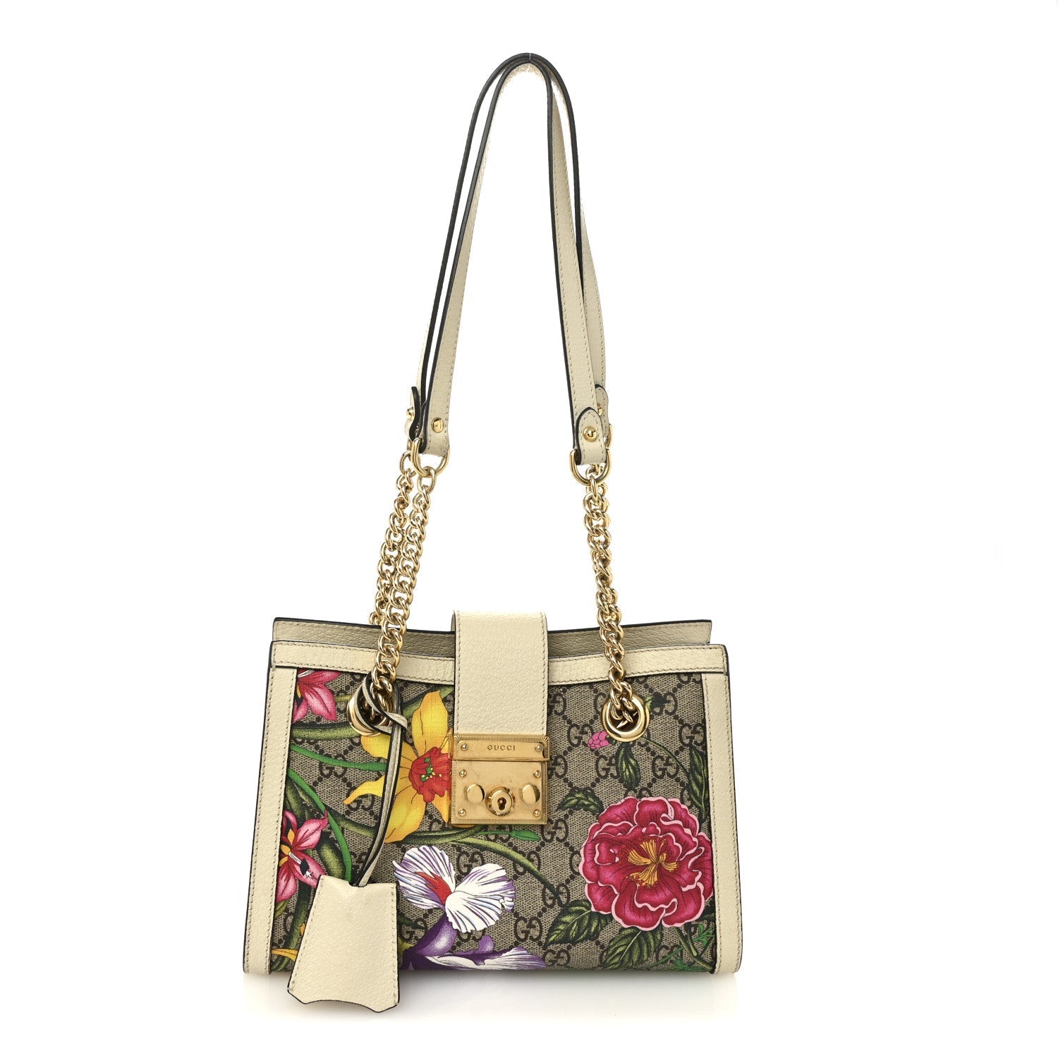 GG Supreme Monogram Flora Textured Calfskin Small Padlock Tote Beige Ebony Multicolor Mystic White