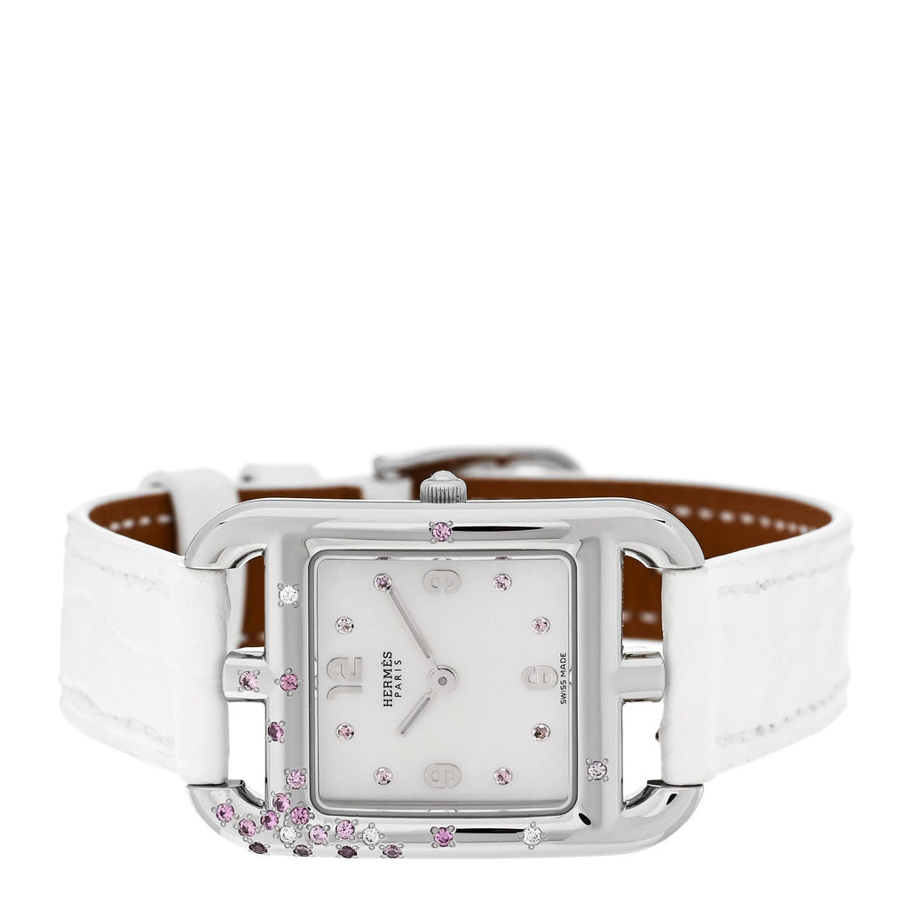Stainless Steel Alligator Diamond Pink Sapphire Mother of Pearl 23mm Cape Cod Quartz Watch Blanc