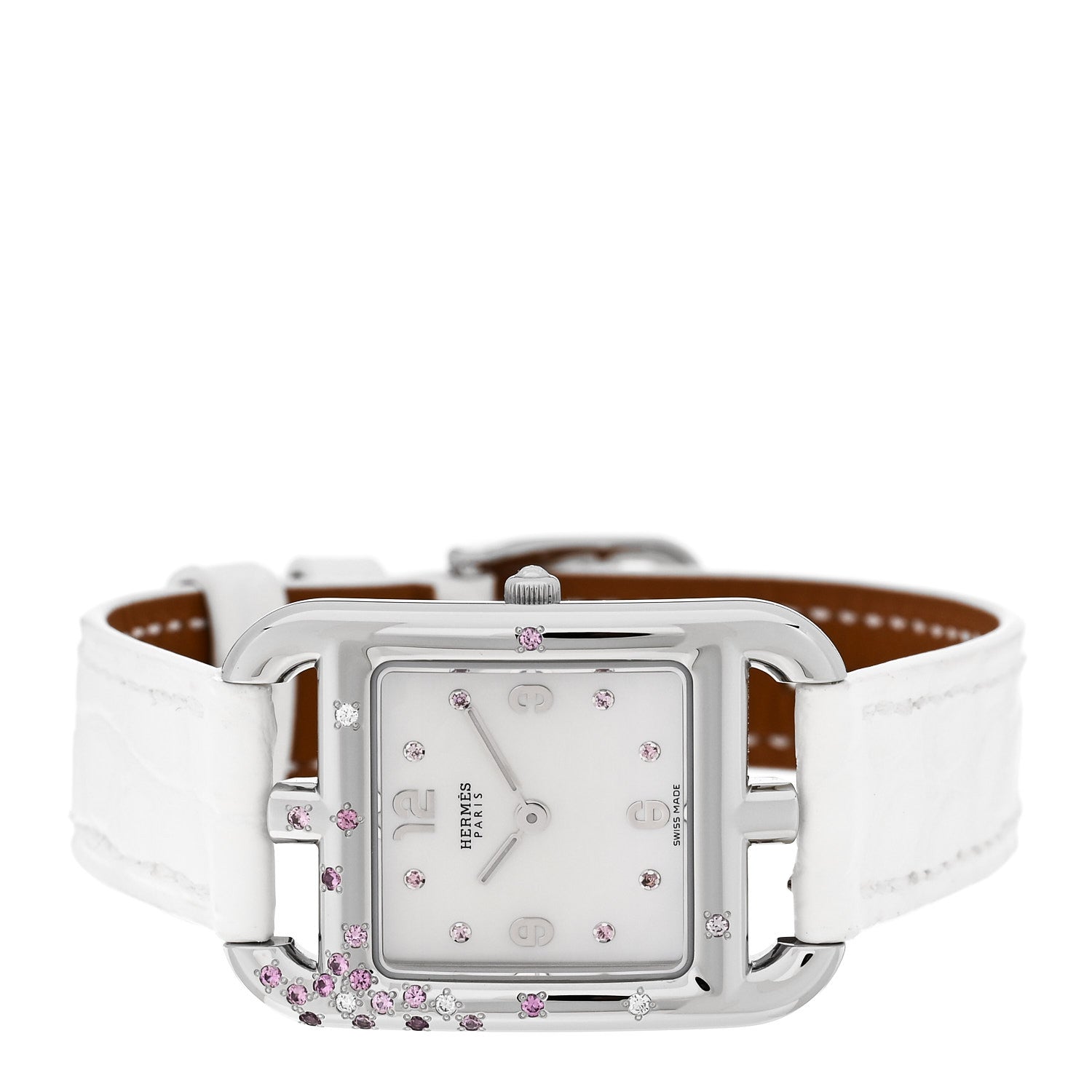 Stainless Steel Alligator Diamond Pink Sapphire Mother of Pearl 23mm Cape Cod Quartz Watch Blanc