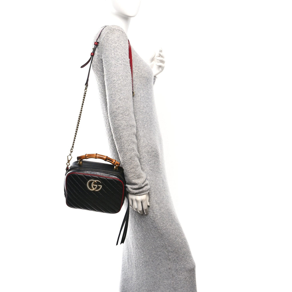 Vintage Effect Calfskin Matelasse Diagonal Small Torchon GG Marmont Bamboo Top Handle Shoulder Bag Black Romantic Cherry