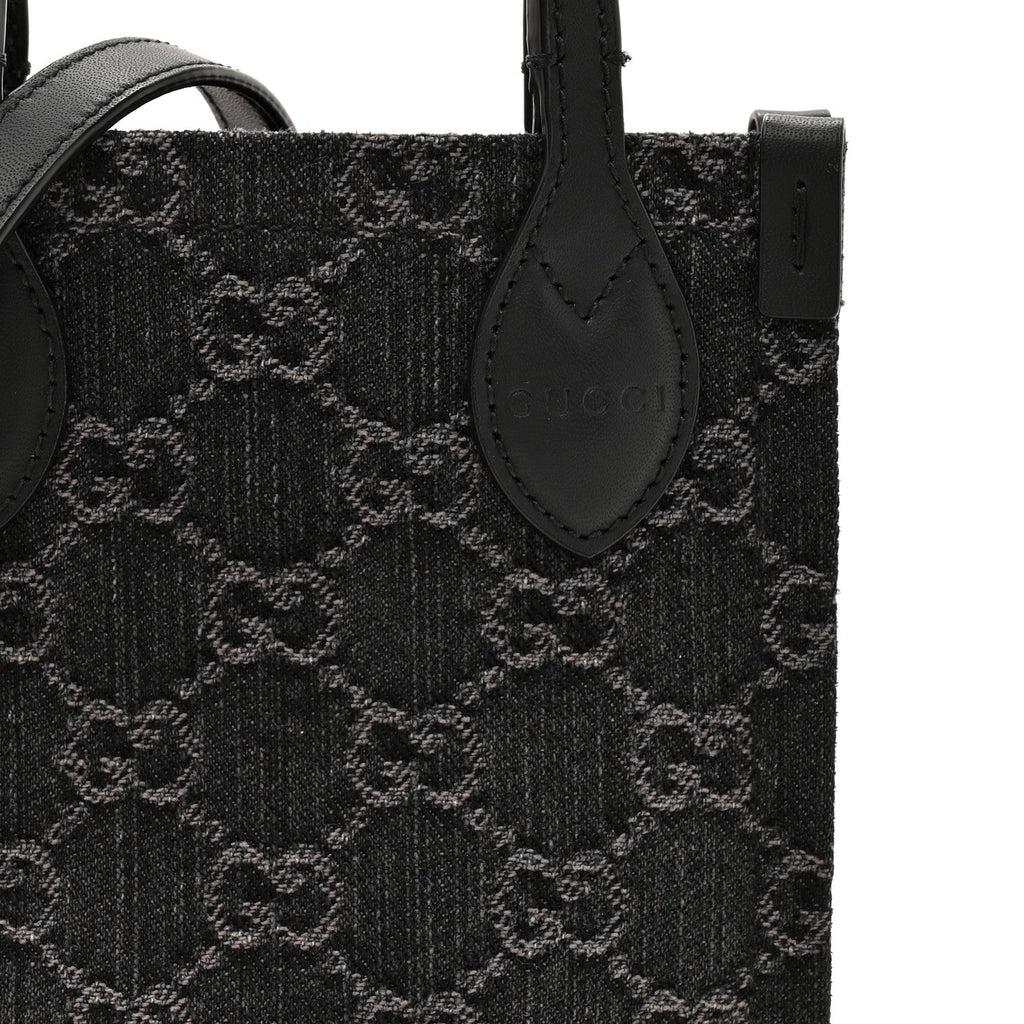 Denim GG Monogram Dollar Calfskin Mini Ophidia Tote Black Grey