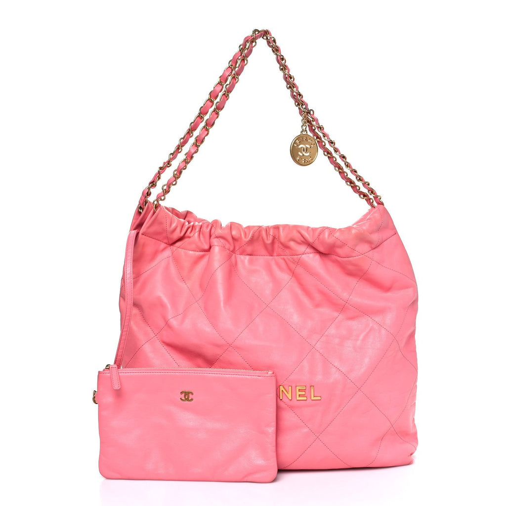 Shiny Calfskin Quilted Chanel 22 Drawstring Bag Coral Pink