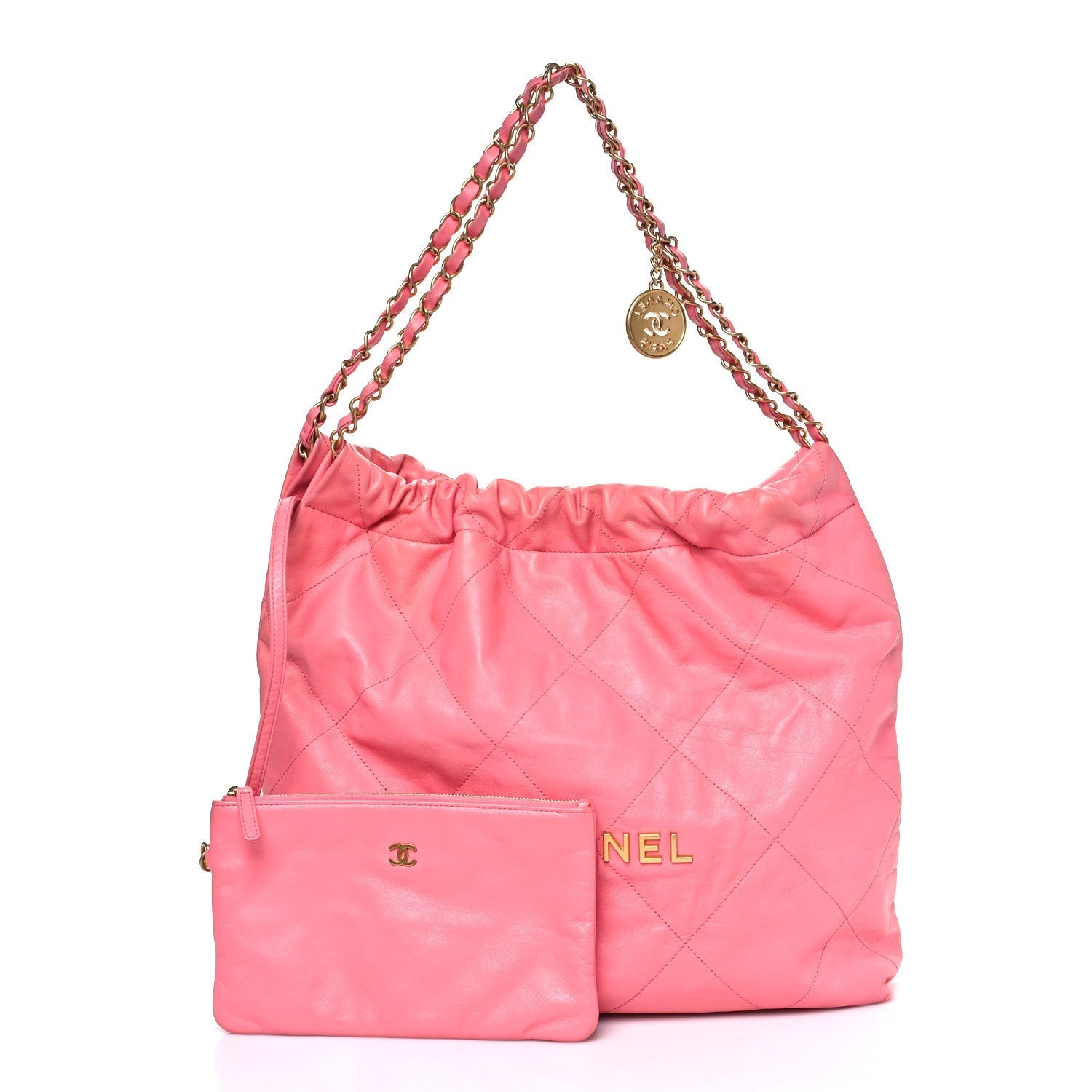 Shiny Calfskin Quilted Chanel 22 Drawstring Bag Coral Pink