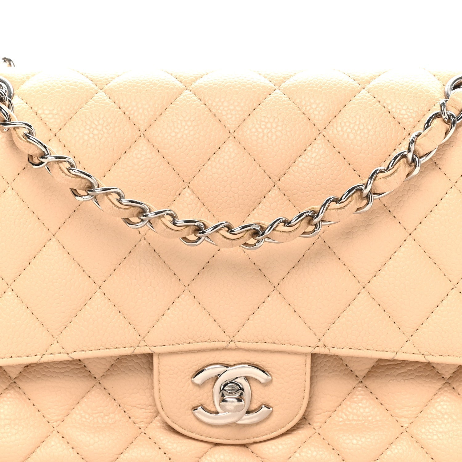 Caviar Quilted Medium Double Flap Beige