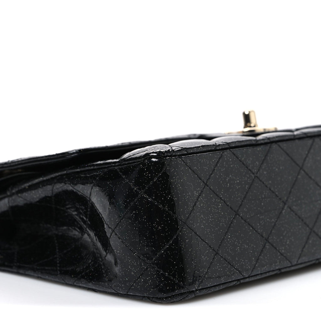 Patent Quilted Sparkle Glitter Medium Double Flap Black