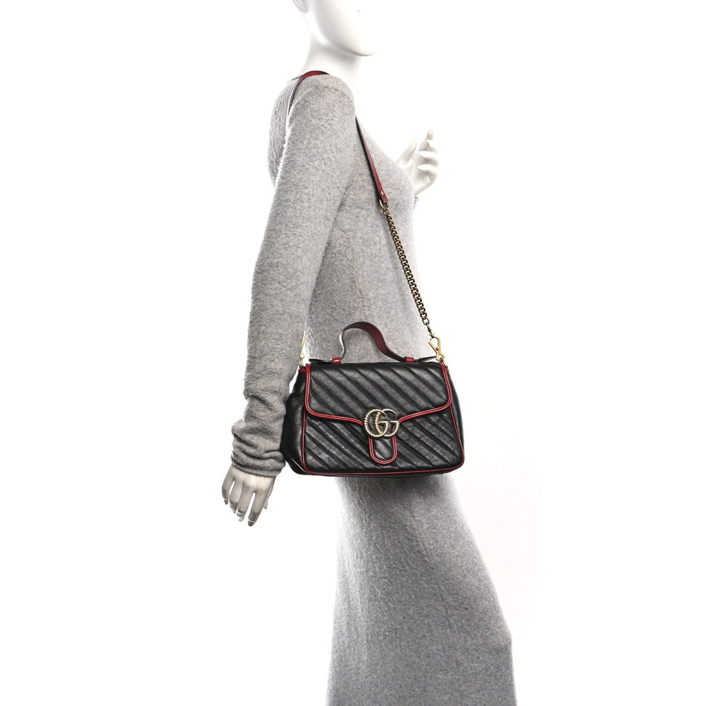 Vintage Effect Calfskin Matelasse Diagonal Small Torchon GG Marmont Top Handle Shoulder Bag Black Romantic Cherry