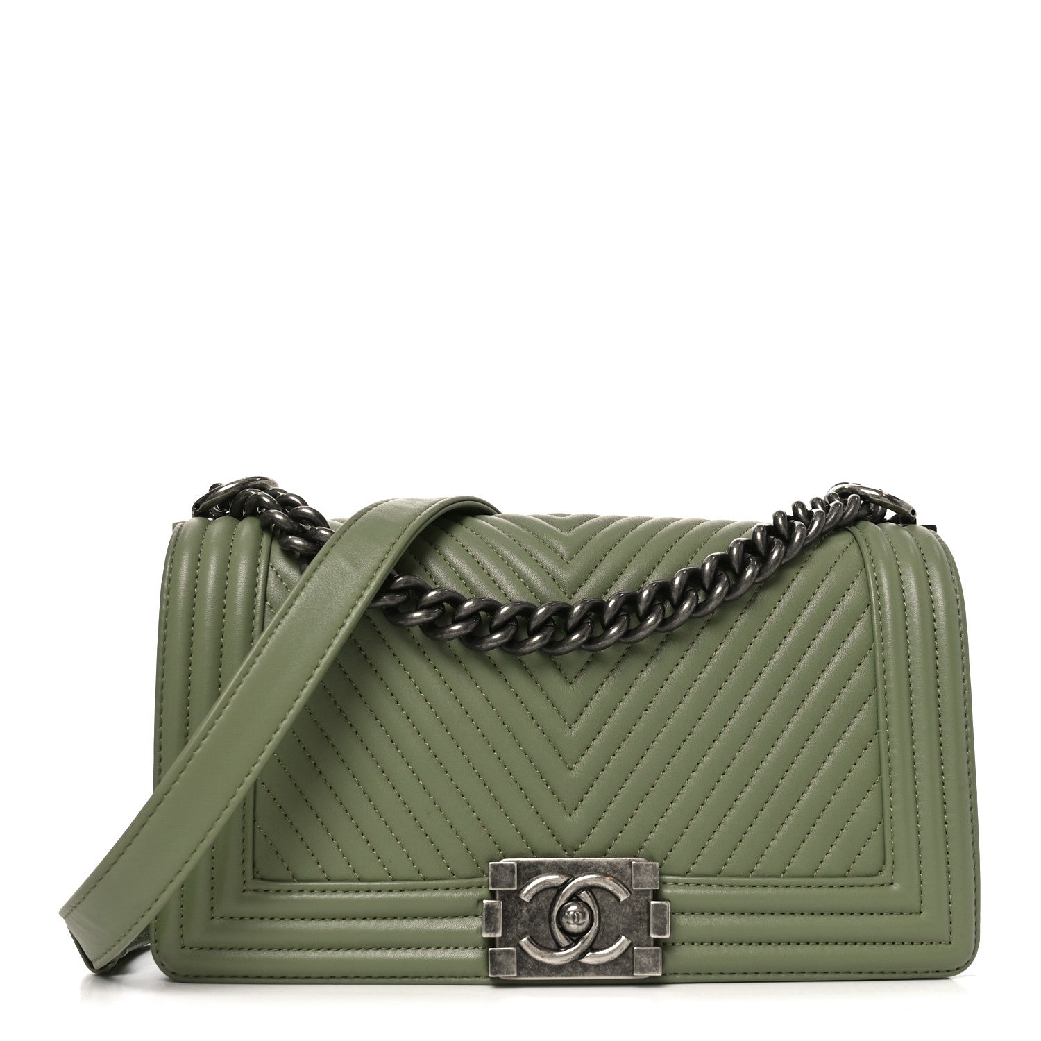 Calfskin Chevron Quilted Medium Boy Flap Green