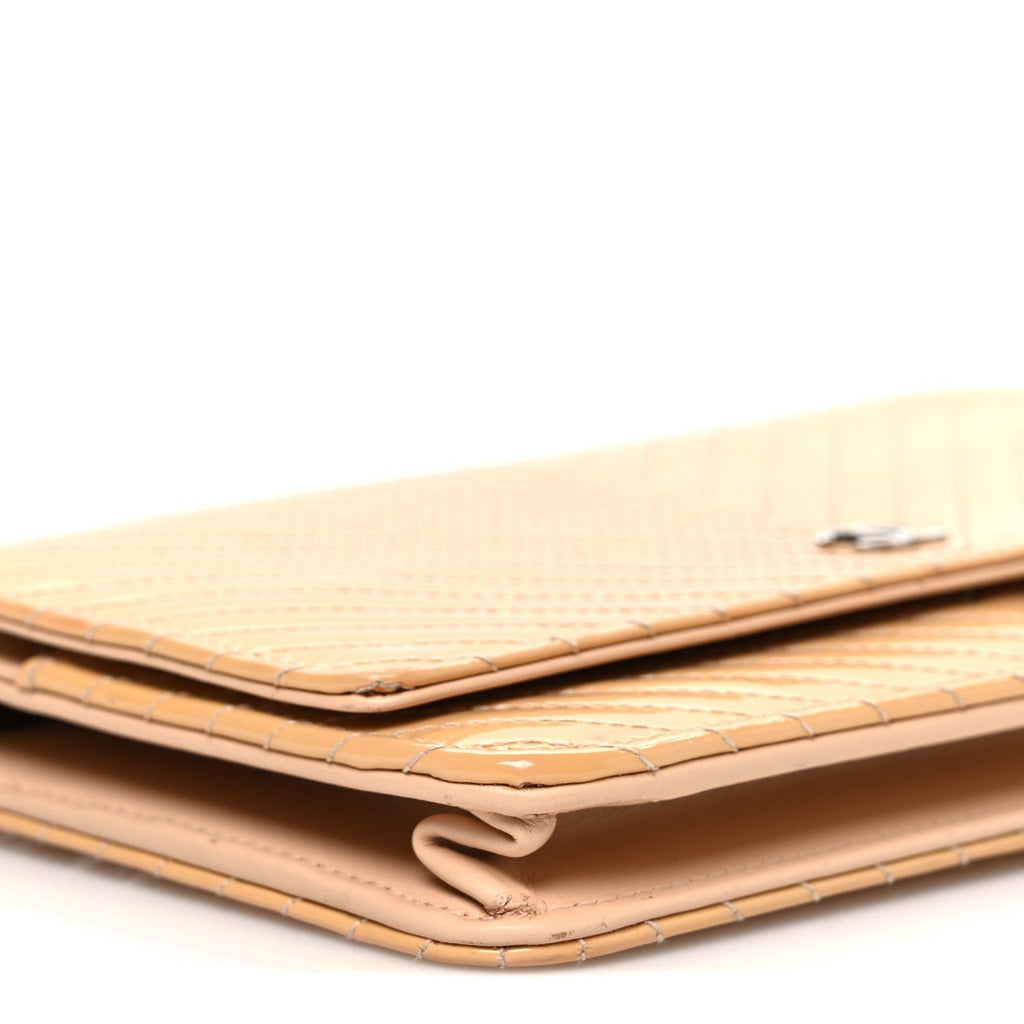 Patent Calfskin Chevron Quilted Wallet On Chain WOC Beige