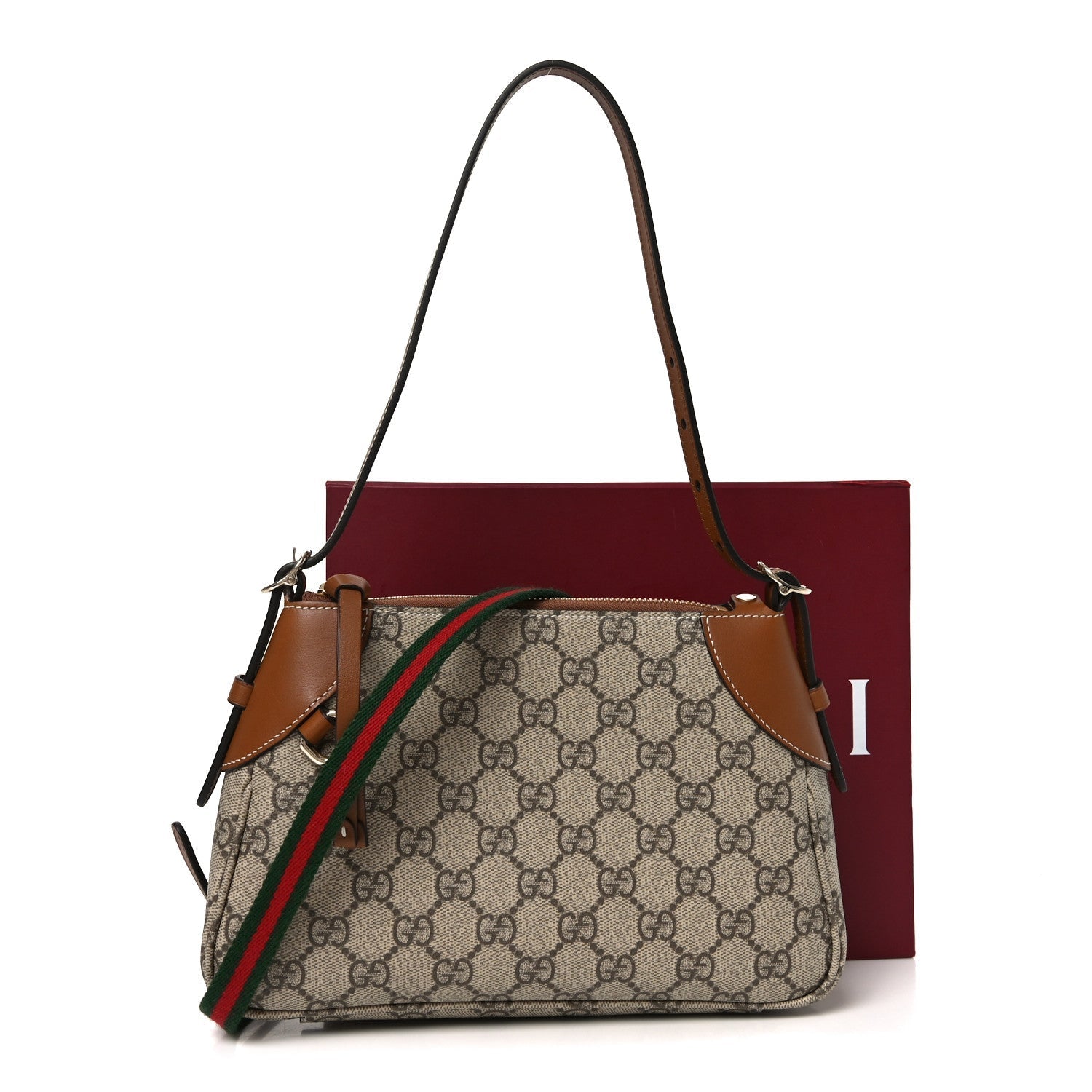 GG Supreme Monogram Textured Calfskin Small Emblem Shoulder Bag Beige Dark Brown