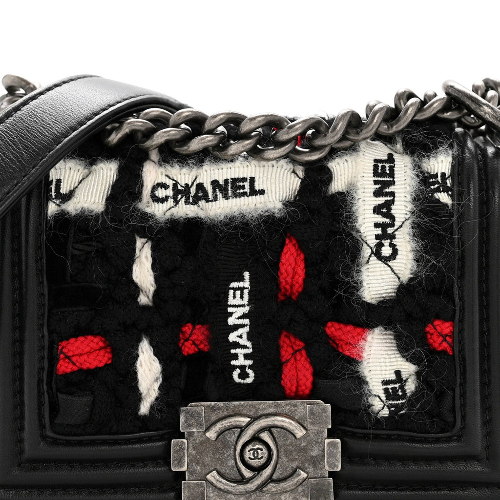 Lambskin Tweed Logo Embroidered Mini Boy Flap White Red Black