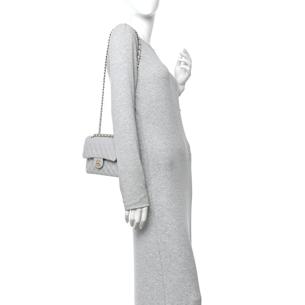 Caviar Quilted Small Double Flap Grey