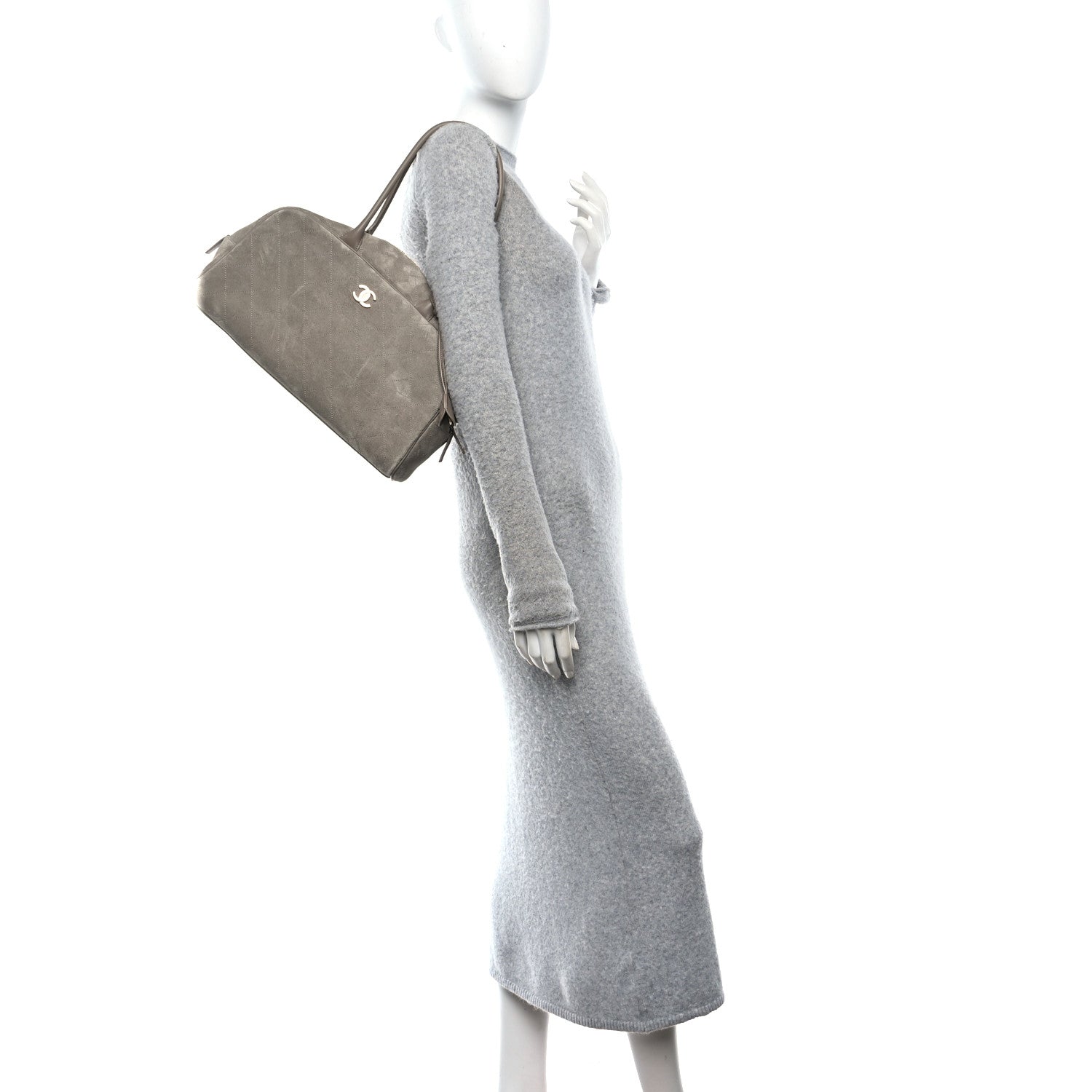 Suede Calfskin Quilted Large Perfect Bowling Bag Grey
