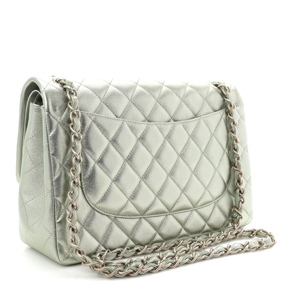 Metallic Lambskin Quilted Jumbo Double Flap Green