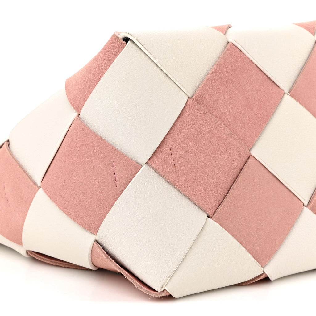Calfskin Suede Gingham Woven Basket Bag Soft Pink White