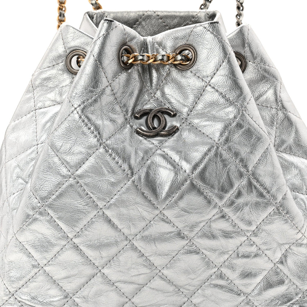 Metallic Crumpled Calfskin Quilted Small Gabrielle Backpack Silver