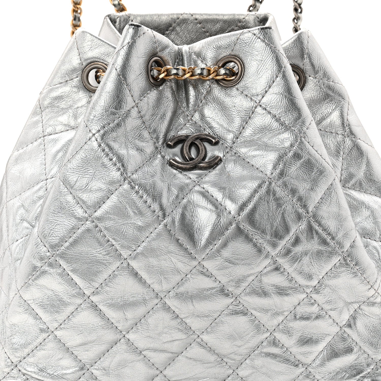 Metallic Crumpled Calfskin Quilted Small Gabrielle Backpack Silver