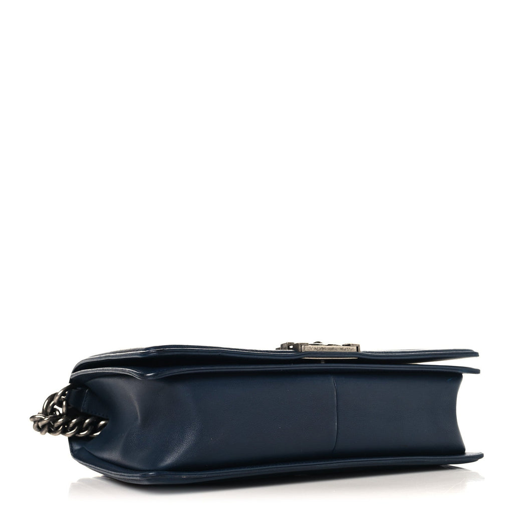 Calfskin Quilted Double Stitch New Medium Boy Flap Navy Blue