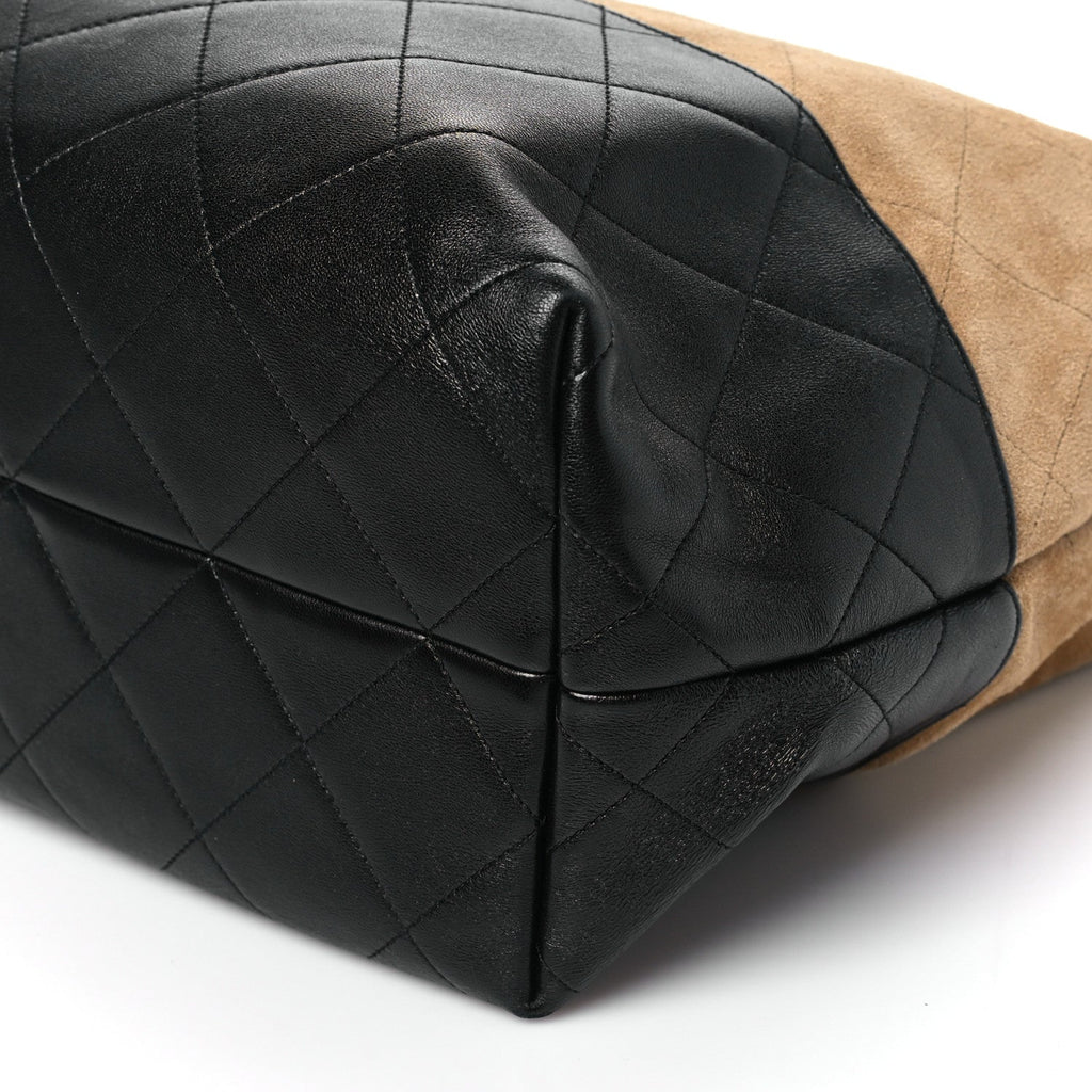 Suede Shiny Lambskin Quilted Large Shopping Bag Beige Black