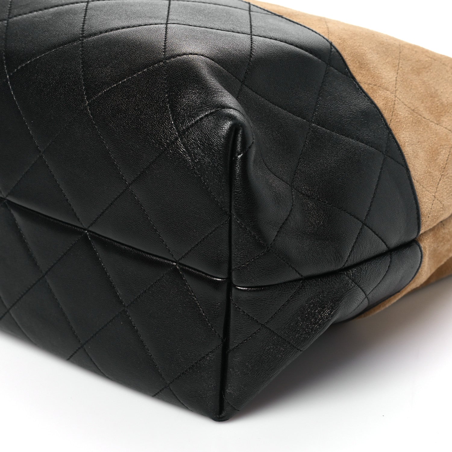 Suede Shiny Lambskin Quilted Large Shopping Bag Beige Black
