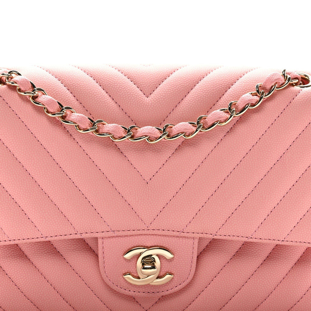 Caviar Flat Chevron Quilted Medium Double Flap Pink