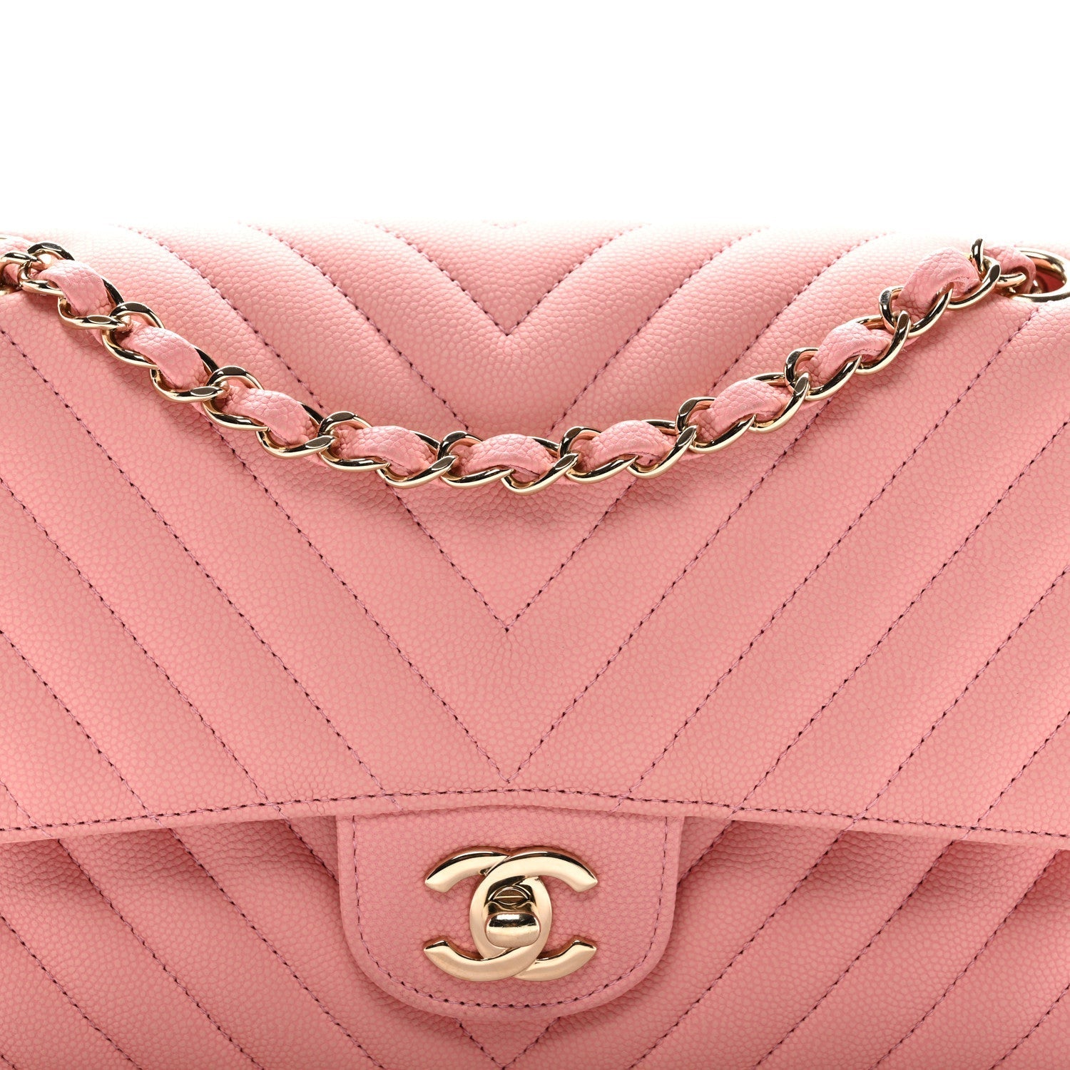 Caviar Flat Chevron Quilted Medium Double Flap Pink