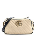 Vintage Effect Calfskin Matelasse Diagonal Small Torchon GG Marmont Chain Shoulder Bag Mystic White Blue Agata