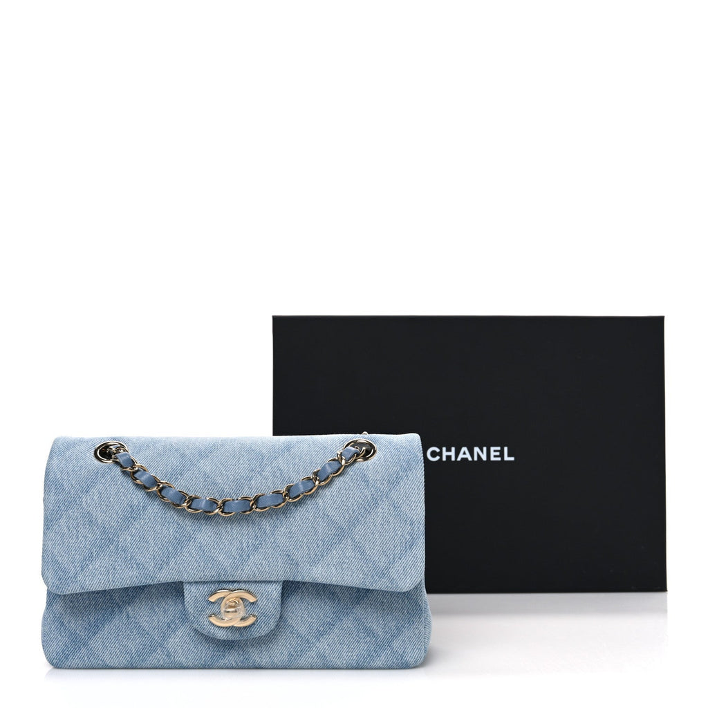 Printed Denim Quilted Small Double Flap Light Blue