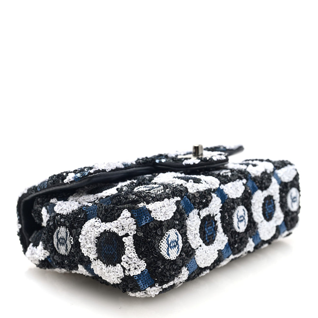 Satin Sequin Embellished Flower Mini Rectangular Flap Black White Blue