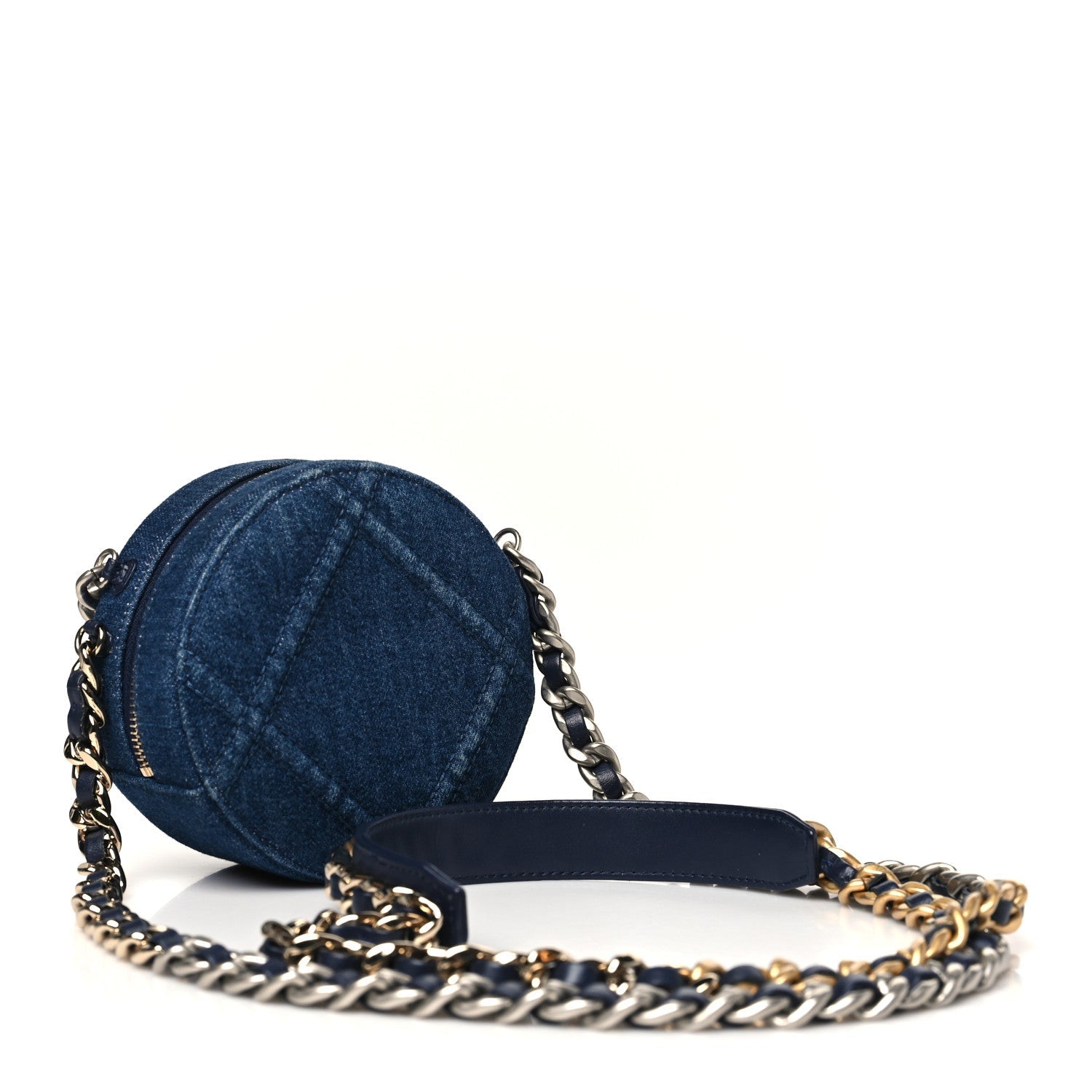 Denim Quilted Chanel 19 Round Clutch With Chain Blue