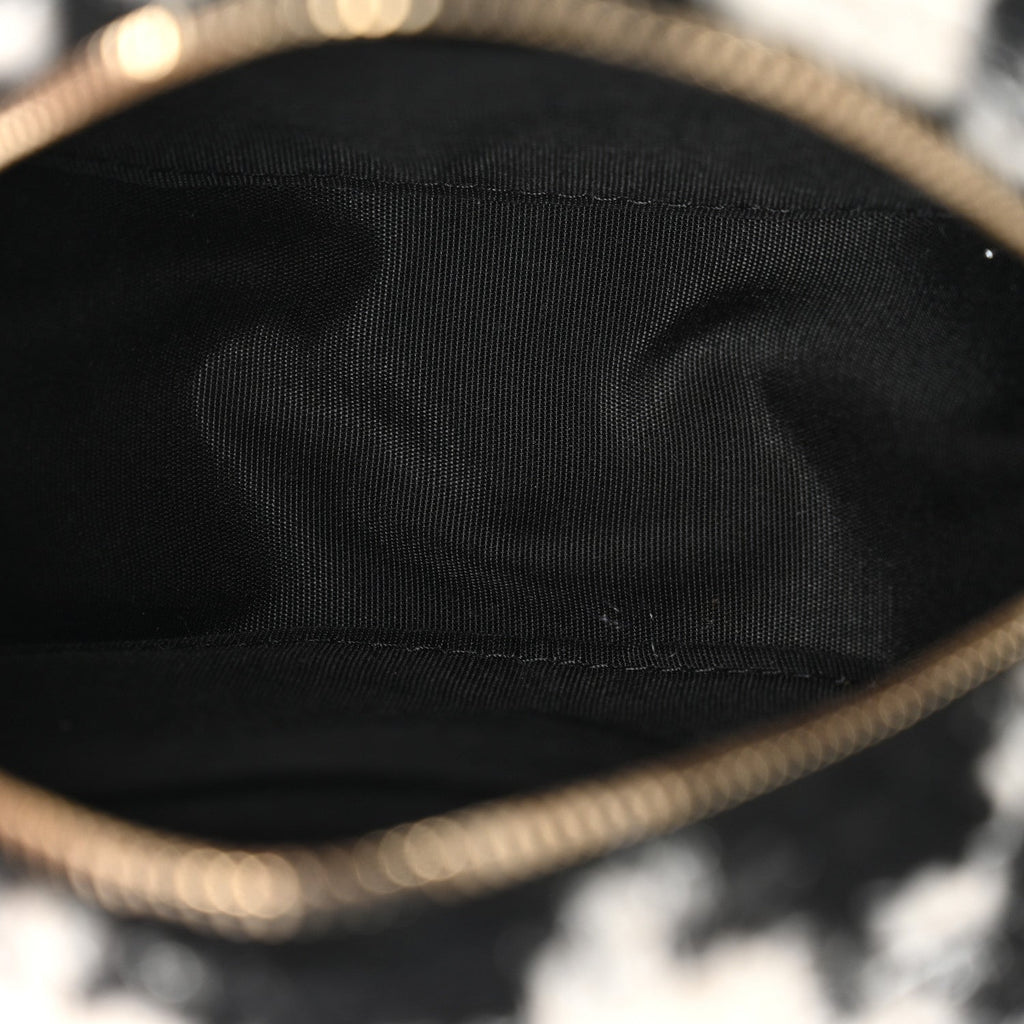 Wool Tweed Lambskin Quilted Chanel 19 Round Clutch With Chain and Coin Purse Black White