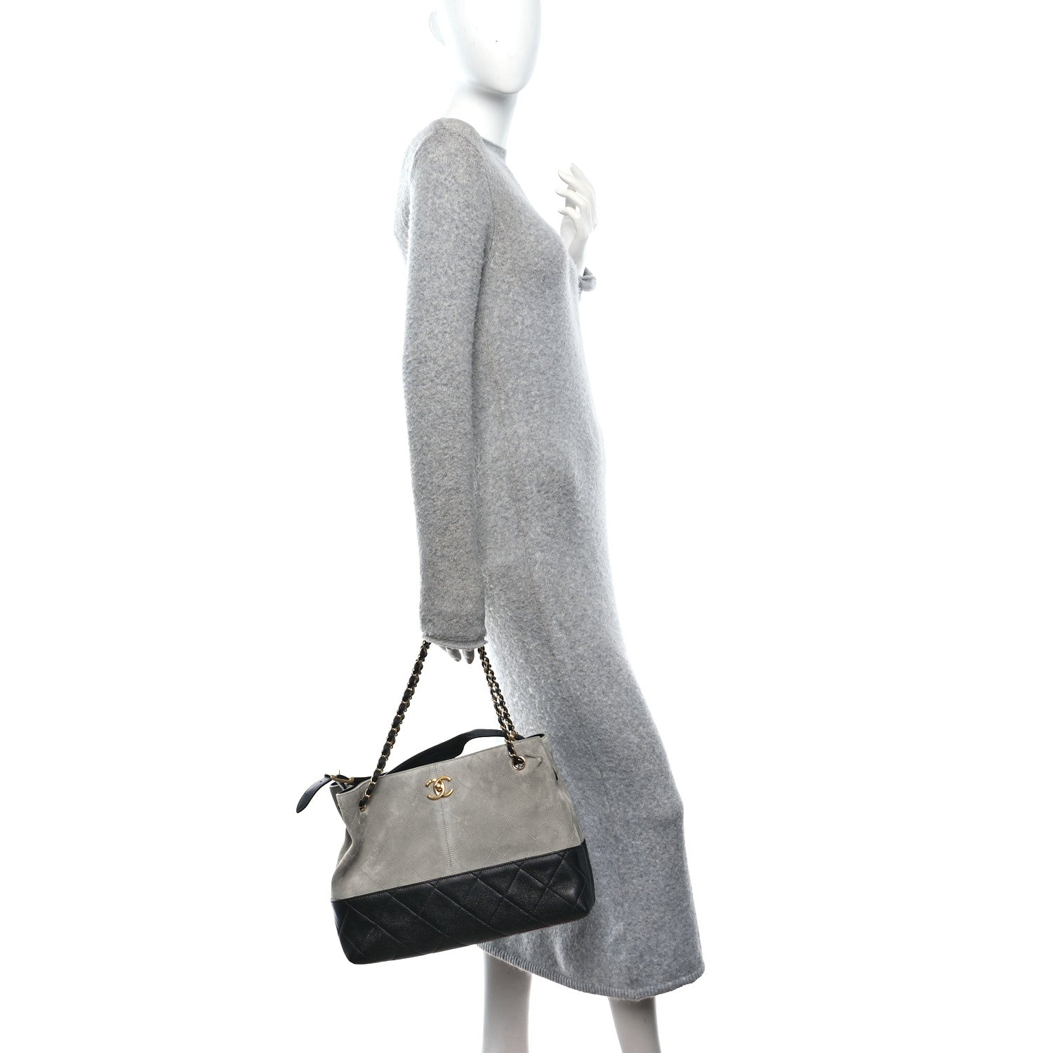 Suede Calfskin Shiny Lambskin Quilted Small Coco Base Shopping Bag Grey Black