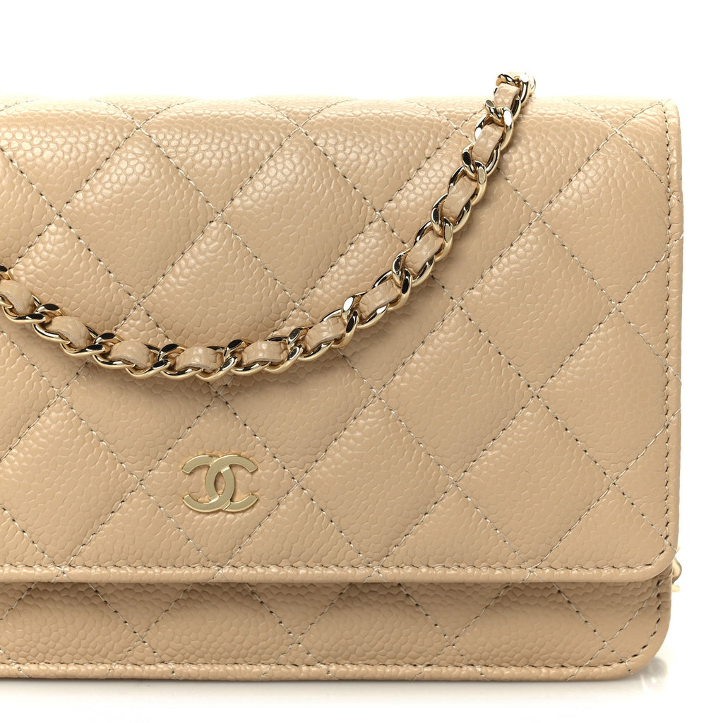 Caviar Quilted Wallet on Chain WOC Beige