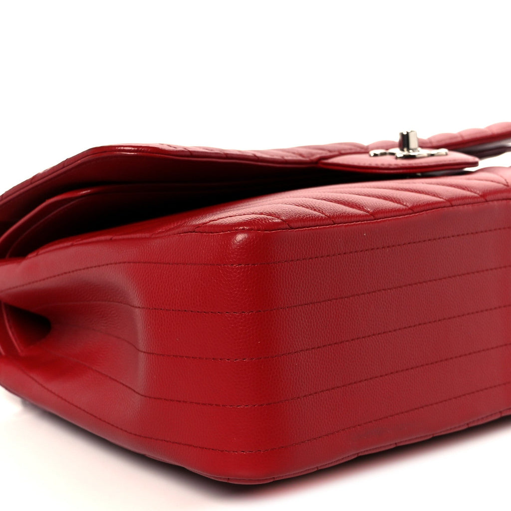 Caviar Chevron Quilted Jumbo Double Flap Dark Red