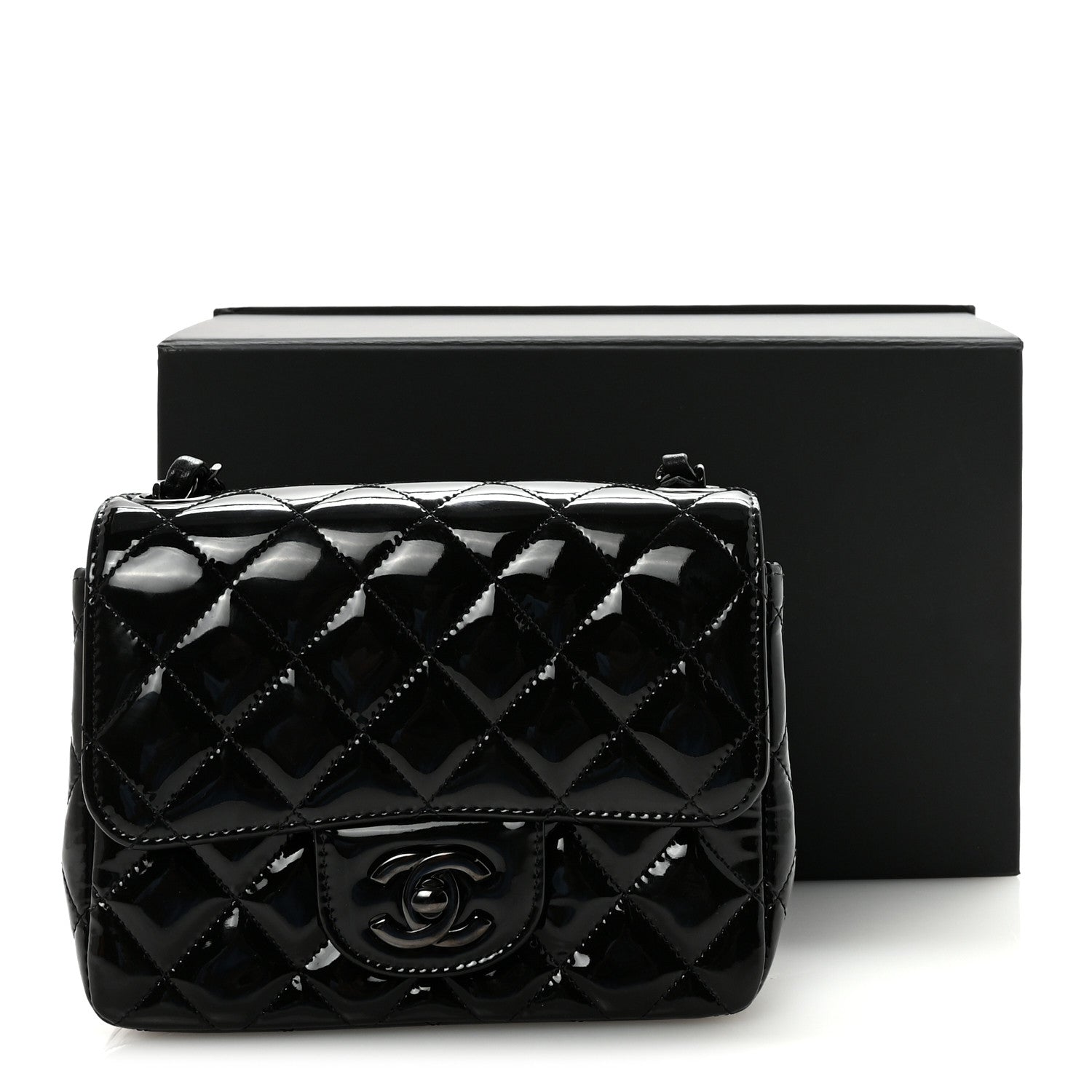 Patent Calfskin Quilted Mini Square Flap So Black