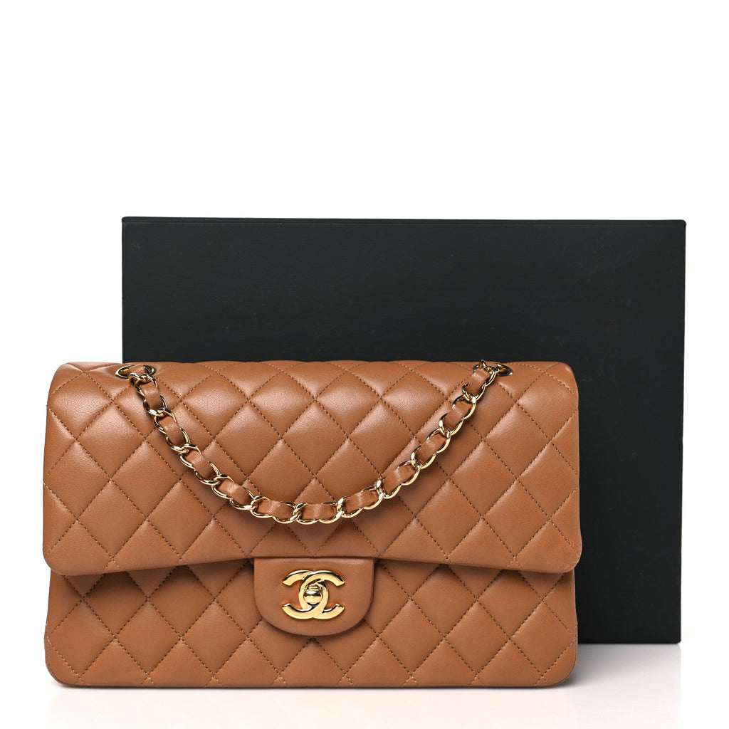 Lambskin Quilted Medium Double Flap Brown