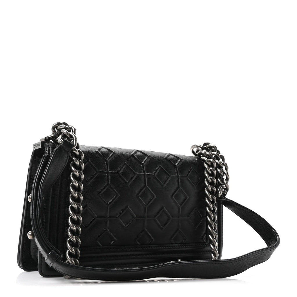 Calfskin Crystal Embossed Medium Boy Flap Black