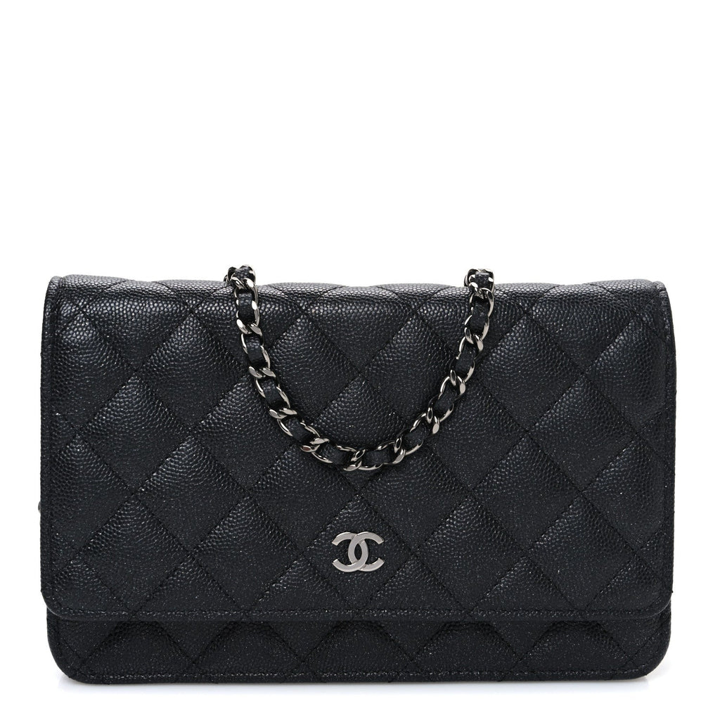 Iridescent Caviar Quilted Wallet on Chain WOC Black