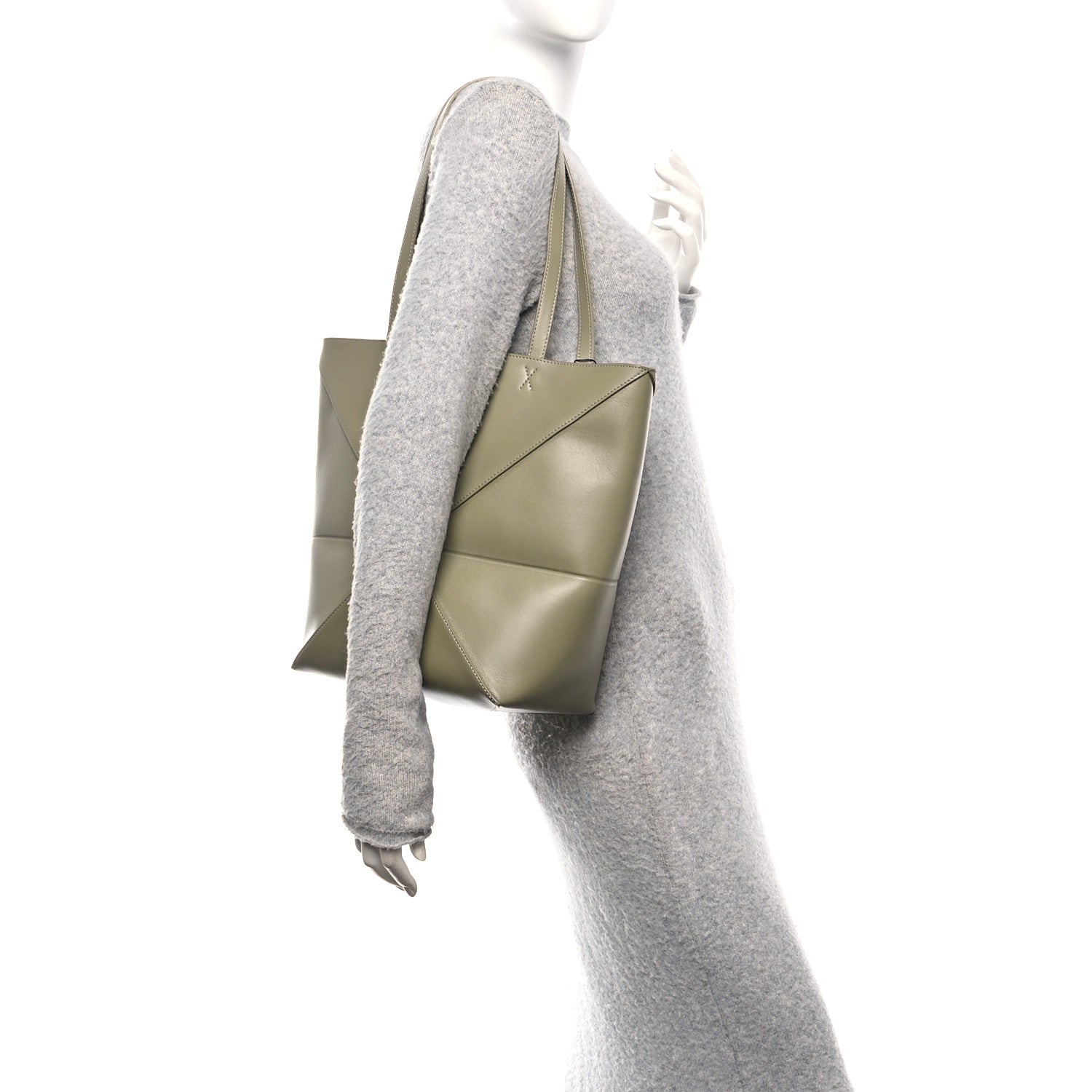 Shiny Calfskin Medium Puzzle Fold Tote Dark Khaki